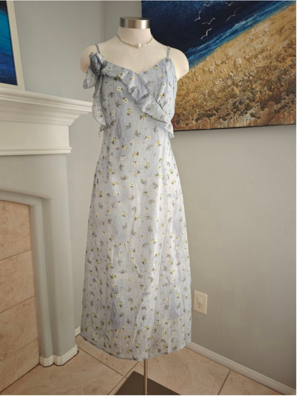 Women's FEIMAO Light Blue Floral Ruffle Midi Dress